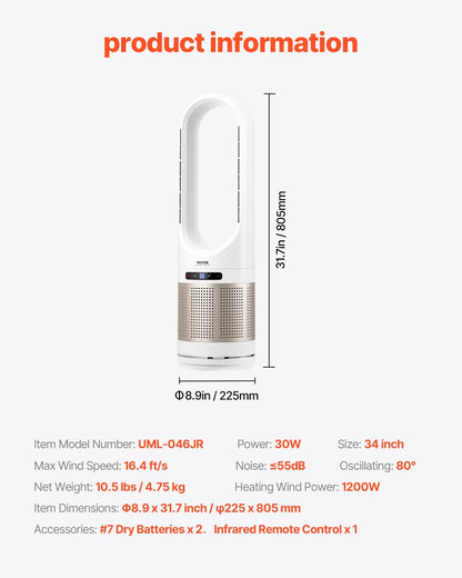 VEVOR Tower Fan Bladeless, 16.4ft/s Velocity Floor Fan that Blows Cold Air, 80° Oscillating 8-Speed Fans, 8H Timer, Standing Fans with H13 HEPA Filtration, Remote Control & Air Purification Mode - View 6