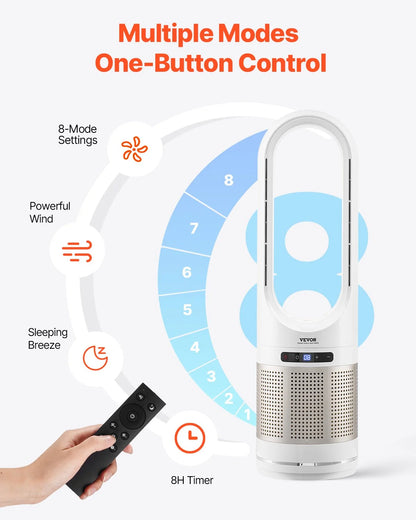 VEVOR Tower Fan Bladeless, 16.4ft/s Velocity Floor Fan that Blows Cold Air, 80° Oscillating 8-Speed Fans, 8H Timer, Standing Fans with H13 HEPA Filtration, Remote Control & Air Purification Mode - View 4