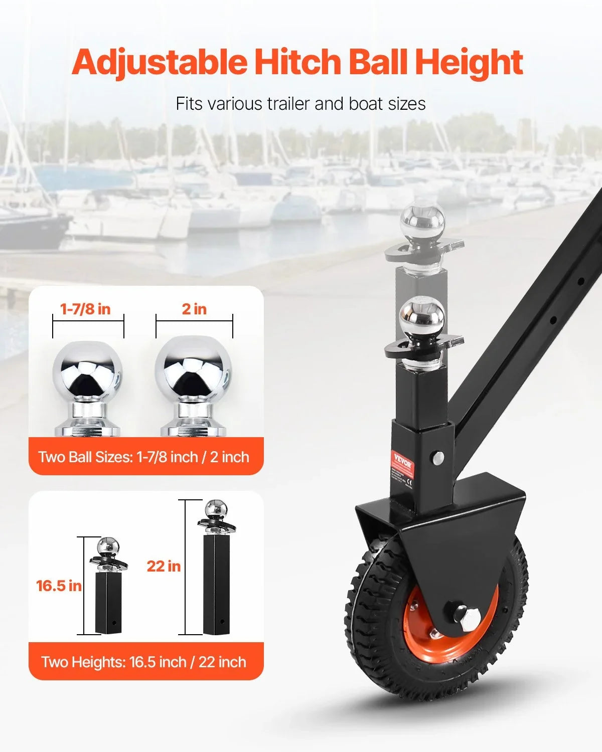 VEVOR Trailer Dolly, 300lbs Tongue Weight Capacity, 16.5 inch and 22 inch Height Adjustable Trailer Dolly, with 1-7/8 inch and 2 inch Balls, 8.5 inch Pneumatic Rubber Tire, for Moving RV Trailer - View 2