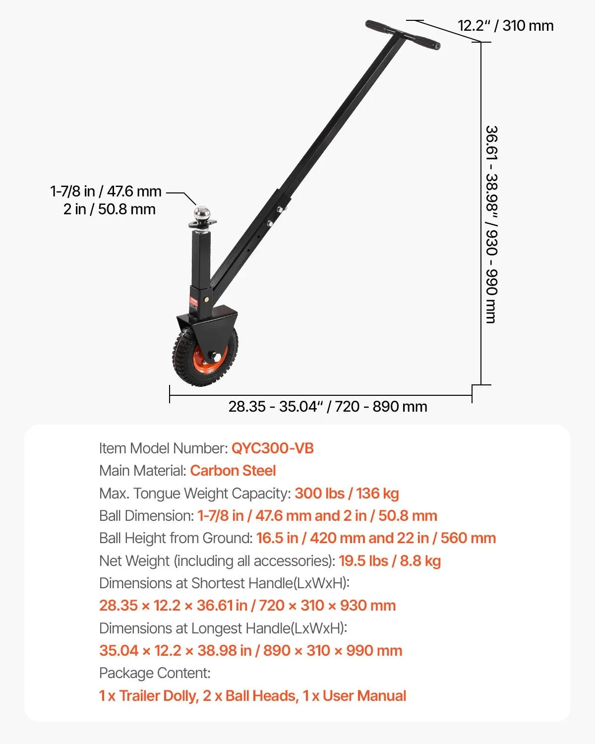 VEVOR Trailer Dolly, 300lbs Tongue Weight Capacity, 16.5 inch and 22 inch Height Adjustable Trailer Dolly, with 1-7/8 inch and 2 inch Balls, 8.5 inch Pneumatic Rubber Tire, for Moving RV Trailer - View 6