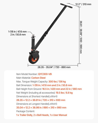 VEVOR Trailer Dolly, 300lbs Tongue Weight Capacity, 16.5 inch and 22 inch Height Adjustable Trailer Dolly, with 1-7/8 inch and 2 inch Balls, 8.5 inch Pneumatic Rubber Tire, for Moving RV Trailer - View 6