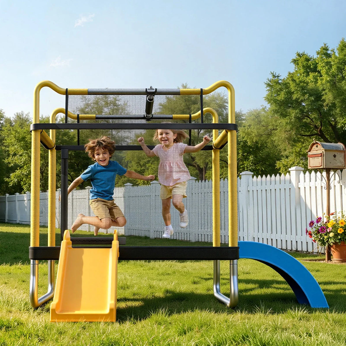 VEVOR Trampoline for Kids, Toddler Mini Trampoline, 132 lbs Capacity Indoor Outdoor Play Toys with Enclosure Net, Slide, and Ring, Easy to Assemble, Christmas Toys Birthday Gifts for Girls Boys - View 7
