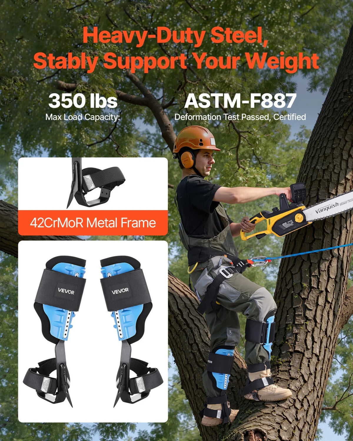 VEVOR Tree Climbing Spikes, Height-Adjustable Tree Climbing Gear with Straps & Padding Cushion, 350 lbs Load Capacity, Heavy Duty Steel Climb Spurs Arborist Equipment for Fruit Picking Hunting - View 2