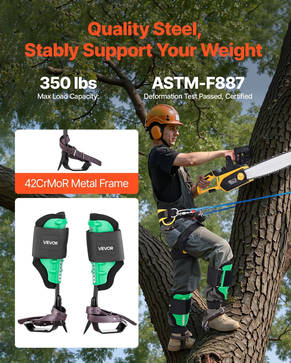 VEVOR Tree Climbing Spikes Set, Height-Adjustable Tree Climbing Gear with Straps & Spike Protectors, 350 lbs Load Capacity, Heavy Duty Steel Climb Spurs Arborist Equipment for Fruit Picking Hunting - View 2
