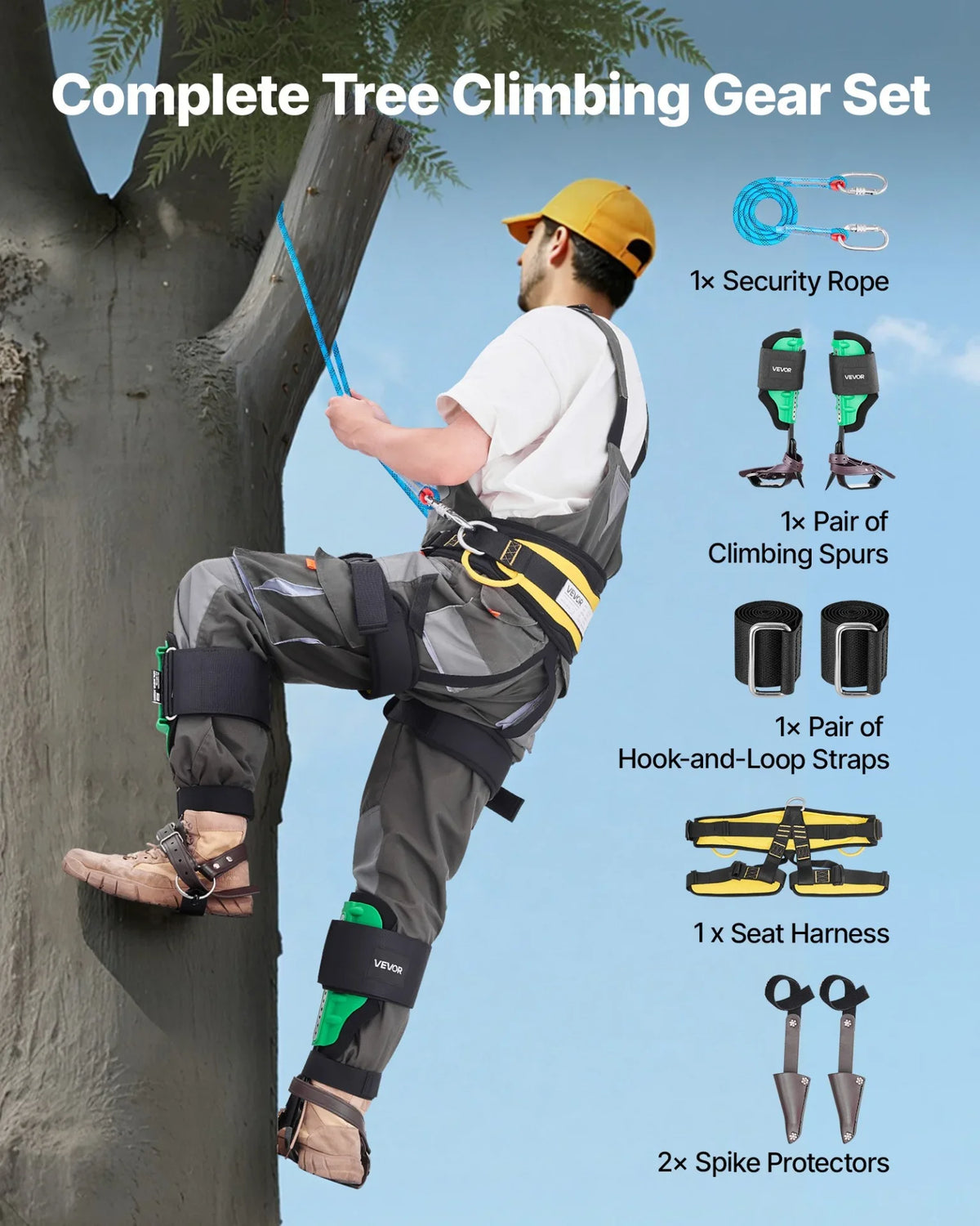 VEVOR Tree Climbing Spikes Set, Height-Adjustable Tree Climbing Gear with Straps & Spike Protectors, 350 lbs Load Capacity, Heavy Duty Steel Climb Spurs Arborist Equipment for Fruit Picking Hunting - View 3