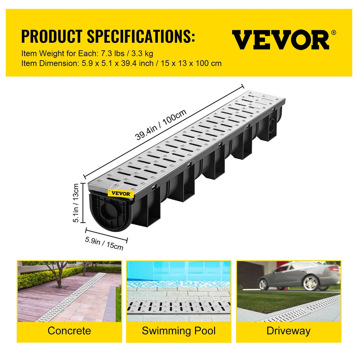 VEVOR Trench Drain System, Channel Drain with Metal Grate, 5.9x5.1-Inch HDPE Drainage Trench, Black Plastic Garage Floor Drain, 3x39 Trench Drain Grate, with 3 End Caps, for Garden, Driveway-3 Pack - View 6