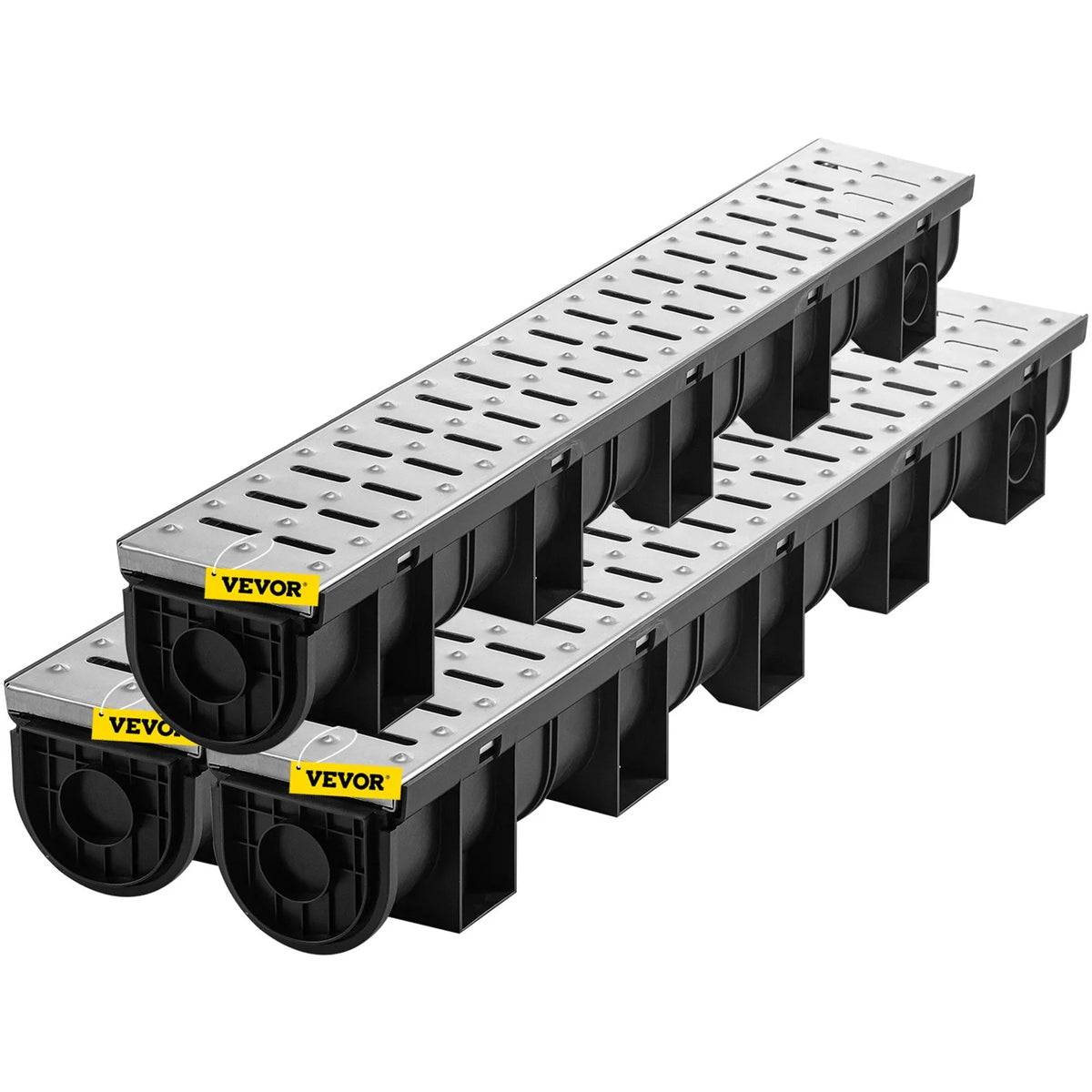 VEVOR Trench Drain System, Channel Drain with Metal Grate, 5.9x5.1-Inch HDPE Drainage Trench, Black Plastic Garage Floor Drain, 3x39 Trench Drain Grate, with 3 End Caps, for Garden, Driveway-3 Pack - View 8