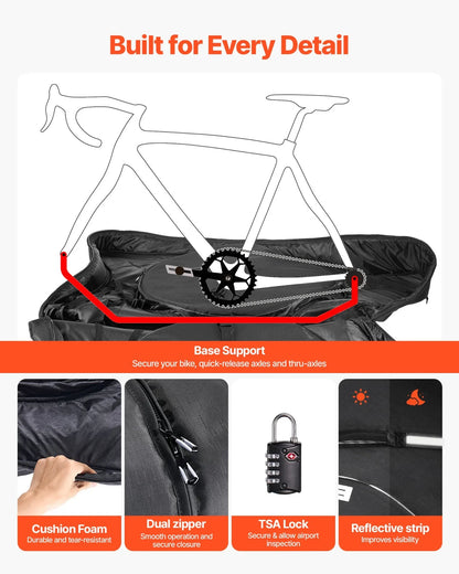 VEVOR Triathlon Bike Travel Bag, Transport Bicycle Storage Carry Bag with TSA Lock & Dual Zipper, Triathlon Bicycle Case Max. Wheelbase 42 in for Travel, Outdoor Use, Train Airplane Subway Transport - View 4