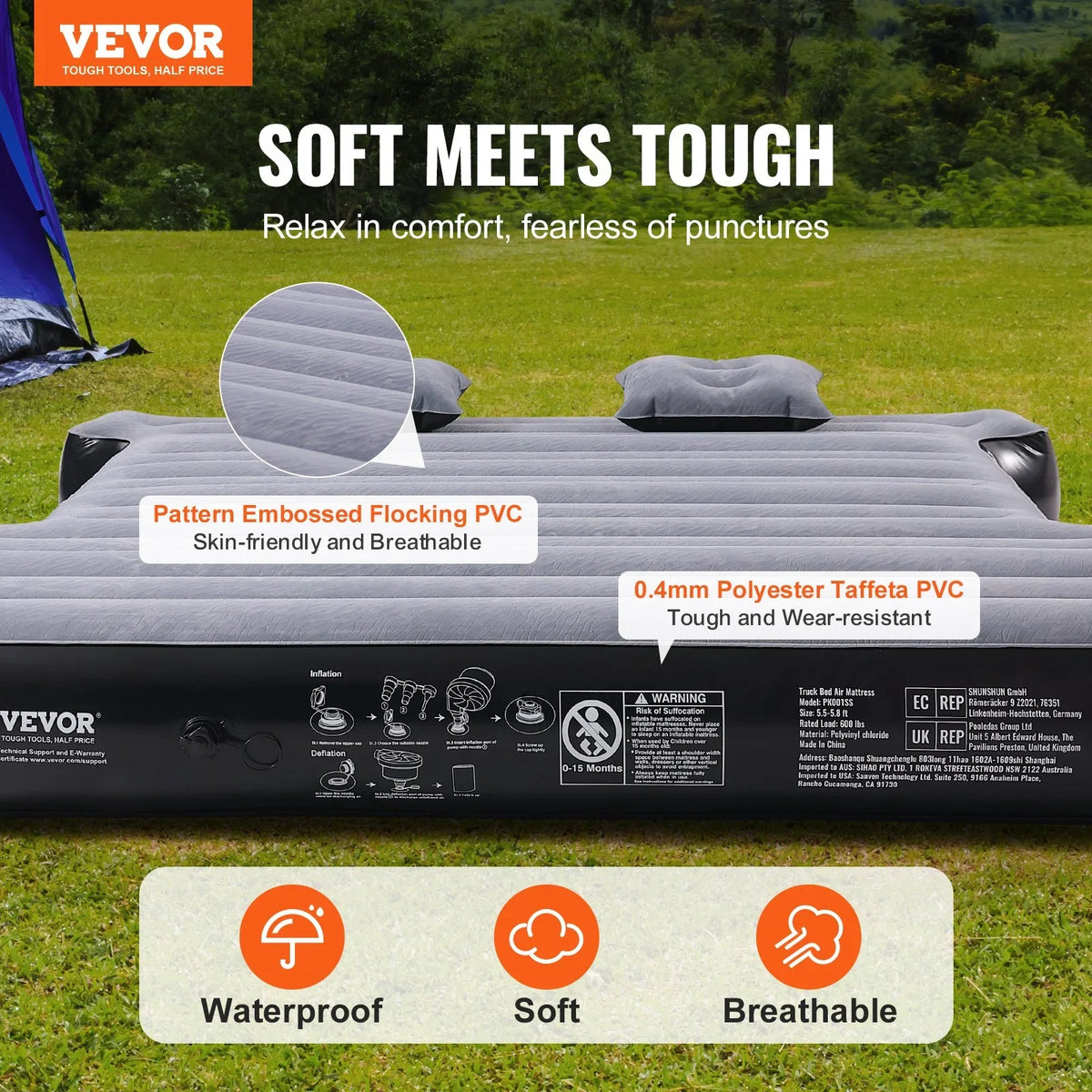 VEVOR Truck Bed Air Mattress, for 5.5-5.8 ft Full Size Short Truck Beds, Inflatable Air Mattress Camping Bed with 12V Air Pump 2 Pillows, Carry Bag, for Silverado, RAM, F Series, Sierra, Titan, Tundra - View 2