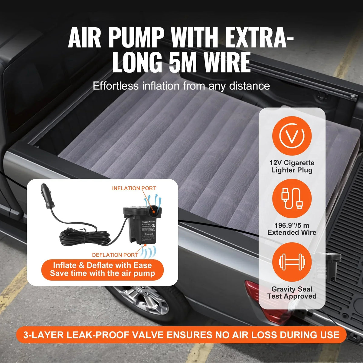 VEVOR Truck Bed Air Mattress, for 5.5-5.8 ft Full Size Short Truck Beds, Inflatable Air Mattress Camping Bed with 12V Air Pump 2 Pillows, Carry Bag, for Silverado, RAM, F Series, Sierra, Titan, Tundra - View 3