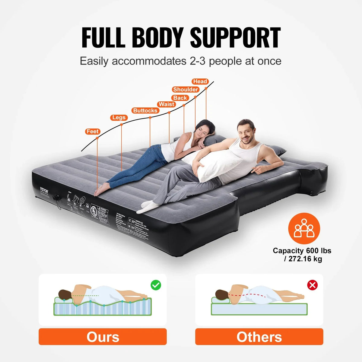 VEVOR Truck Bed Air Mattress, for 5.5-5.8 ft Full Size Short Truck Beds, Inflatable Air Mattress Camping Bed with 12V Air Pump 2 Pillows, Carry Bag, for Silverado, RAM, F Series, Sierra, Titan, Tundra - View 4