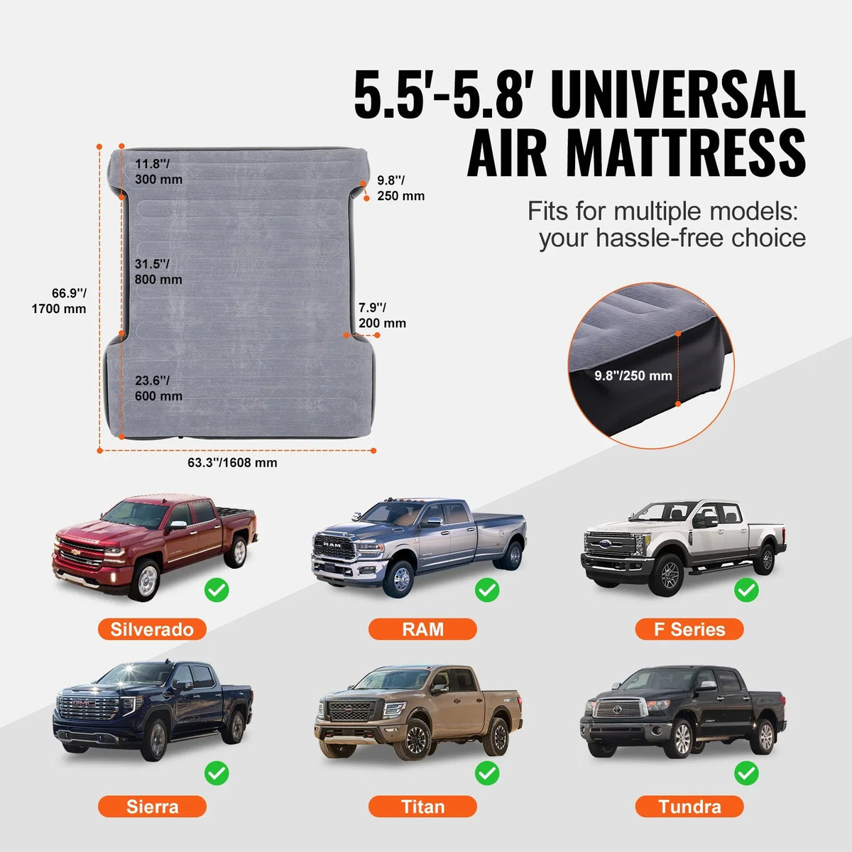 VEVOR Truck Bed Air Mattress, for 5.5-5.8 ft Full Size Short Truck Beds, Inflatable Air Mattress Camping Bed with 12V Air Pump 2 Pillows, Carry Bag, for Silverado, RAM, F Series, Sierra, Titan, Tundra - View 6