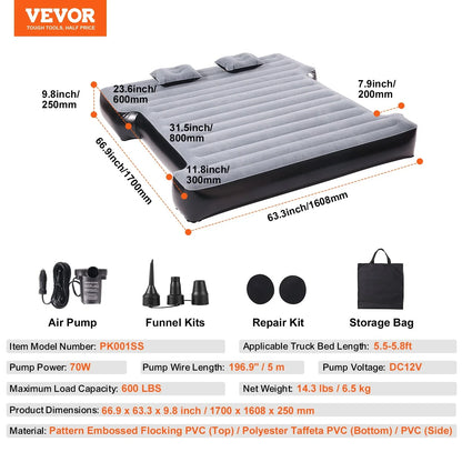 VEVOR Truck Bed Air Mattress, for 5.5-5.8 ft Full Size Short Truck Beds, Inflatable Air Mattress Camping Bed with 12V Air Pump 2 Pillows, Carry Bag, for Silverado, RAM, F Series, Sierra, Titan, Tundra - View 7