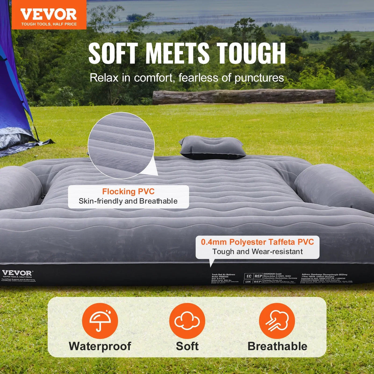VEVOR Truck Bed Air Mattress, for 6-6.5 ft Full Size Truck Beds, Inflatable Air Mattress Camping Bed with 12V Air Pump 2 Pillows, Carry Bag, for Chevrolet Silverado, Dodge Ram, Ford 150/250/350 - View 2