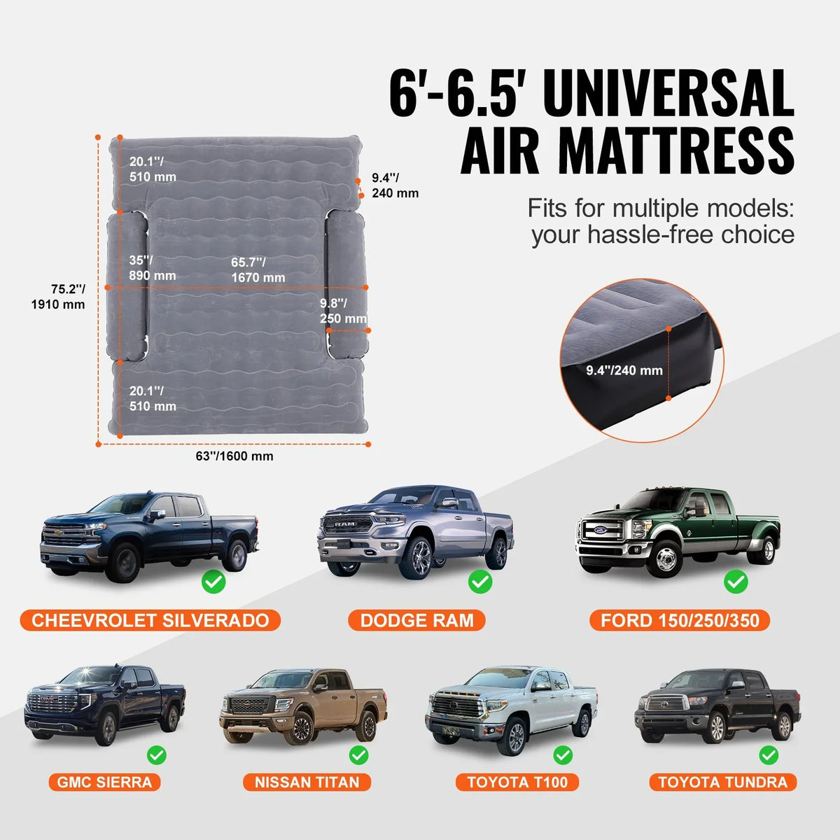 VEVOR Truck Bed Air Mattress, for 6-6.5 ft Full Size Truck Beds, Inflatable Air Mattress Camping Bed with 12V Air Pump 2 Pillows, Carry Bag, for Chevrolet Silverado, Dodge Ram, Ford 150/250/350 - View 6
