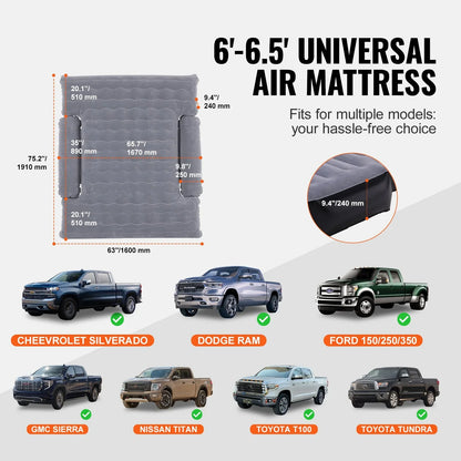 VEVOR Truck Bed Air Mattress, for 6-6.5 ft Full Size Truck Beds, Inflatable Air Mattress Camping Bed with 12V Air Pump 2 Pillows, Carry Bag, for Chevrolet Silverado, Dodge Ram, Ford 150/250/350 - View 6
