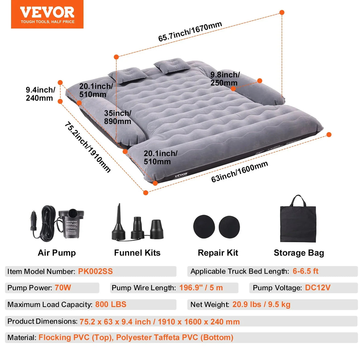 VEVOR Truck Bed Air Mattress, for 6-6.5 ft Full Size Truck Beds, Inflatable Air Mattress Camping Bed with 12V Air Pump 2 Pillows, Carry Bag, for Chevrolet Silverado, Dodge Ram, Ford 150/250/350 - View 7