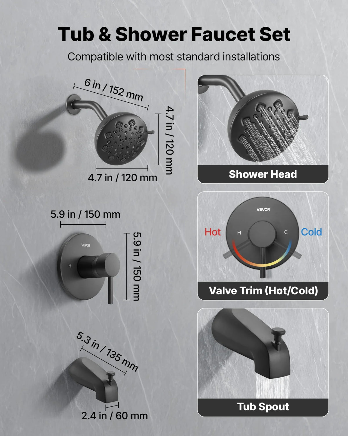 VEVOR Tub and Shower Faucet Set, Complete with 4.7-Inch Rainfall Shower Head and Bathtub Spout, 9-Setting Adjustable Spray, Single-Handle Tub Trim Kit with Brass Pressure Balancing Valve, Matte Black - View 2