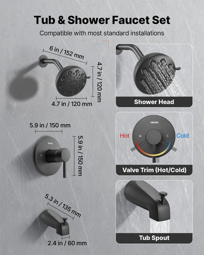 VEVOR Tub and Shower Faucet Set, Complete with 4.7-Inch Rainfall Shower Head and Bathtub Spout, 9-Setting Adjustable Spray, Single-Handle Tub Trim Kit with Brass Pressure Balancing Valve, Matte Black - View 2