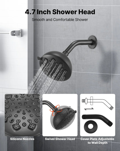 VEVOR Tub and Shower Faucet Set, Complete with 4.7-Inch Rainfall Shower Head and Bathtub Spout, 9-Setting Adjustable Spray, Single-Handle Tub Trim Kit with Brass Pressure Balancing Valve, Matte Black - View 4