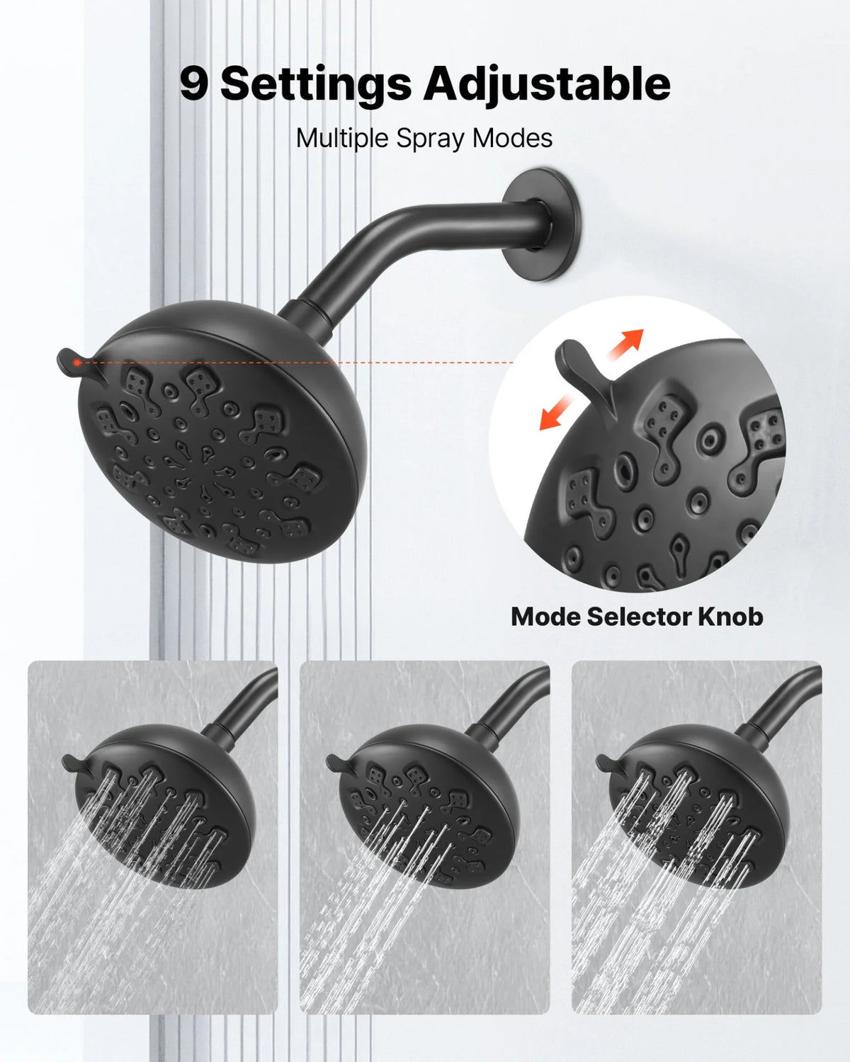 VEVOR Tub and Shower Faucet Set, Complete with 4.7-Inch Rainfall Shower Head and Bathtub Spout, 9-Setting Adjustable Spray, Single-Handle Tub Trim Kit with Brass Pressure Balancing Valve, Matte Black - View 5