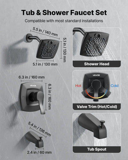 VEVOR Tub and Shower Faucet Set, Complete with 5.1-Inch Rainfall Shower Head and Bathtub Spout, 5-Setting Adjustable Spray, Single-Handle Tub Trim Kit with Brass Pressure Balancing Valve, Matte Black