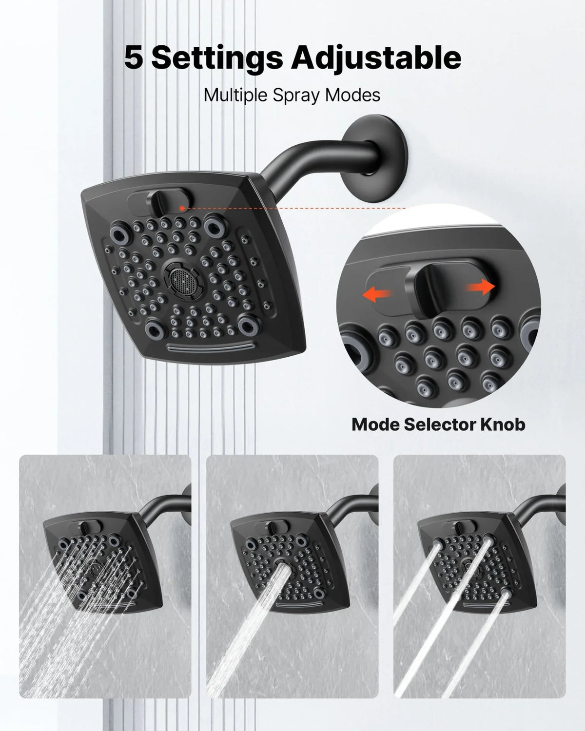 VEVOR Tub and Shower Faucet Set, Complete with 5.1-Inch Rainfall Shower Head and Bathtub Spout, 5-Setting Adjustable Spray, Single-Handle Tub Trim Kit with Brass Pressure Balancing Valve, Matte Black - View 4