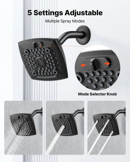 VEVOR Tub and Shower Faucet Set, Complete with 5.1-Inch Rainfall Shower Head and Bathtub Spout, 5-Setting Adjustable Spray, Single-Handle Tub Trim Kit with Brass Pressure Balancing Valve, Matte Black - View 4