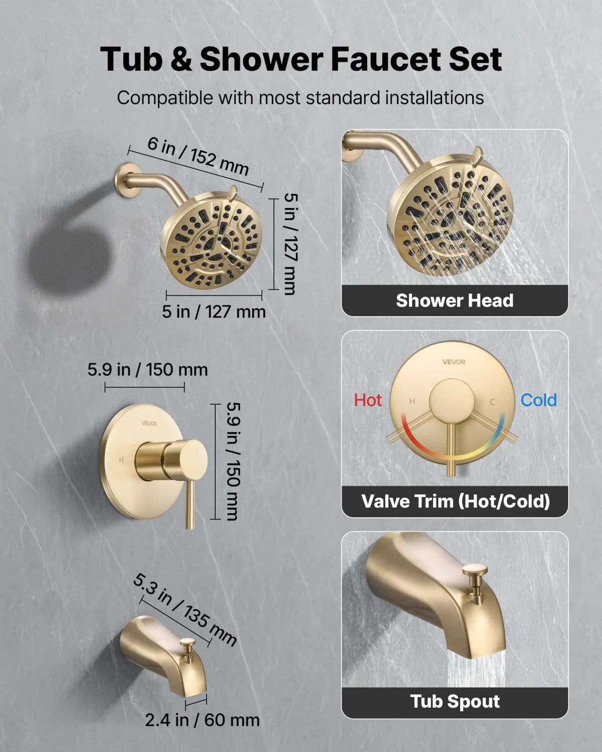 VEVOR Tub and Shower Faucet Set, Complete with 5-Inch Rainfall Shower Head and Bathtub Spout, 8-Setting Adjustable Spray, Single-Handle Tub Trim Kit with Brass Pressure Balancing Valve, Gold Finish