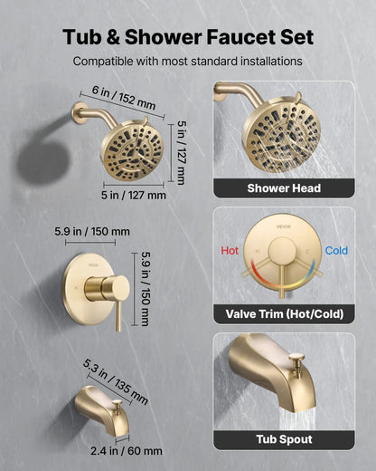 VEVOR Tub and Shower Faucet Set, Complete with 5-Inch Rainfall Shower Head and Bathtub Spout, 8-Setting Adjustable Spray, Single-Handle Tub Trim Kit with Brass Pressure Balancing Valve, Gold Finish