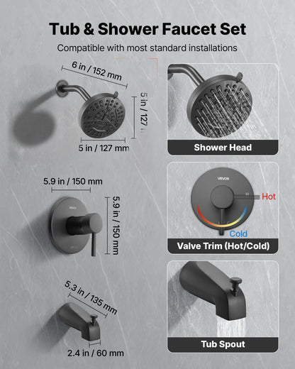 VEVOR Tub and Shower Faucet Set, Complete with 5-Inch Rainfall Shower Head and Bathtub Spout, 8-Setting Adjustable Spray, Single-Handle Tub Trim Kit with Brass Pressure Balancing Valve, Matte Black - View 2