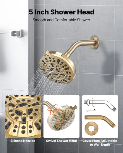 VEVOR Tub and Shower Faucet Set, Complete with 5-Inch Rainfall Shower Head and Bathtub Spout, 8-Setting Adjustable Spray, Single-Handle Tub Trim Kit with Brass Pressure Balancing Valve, Gold Finish - View 3