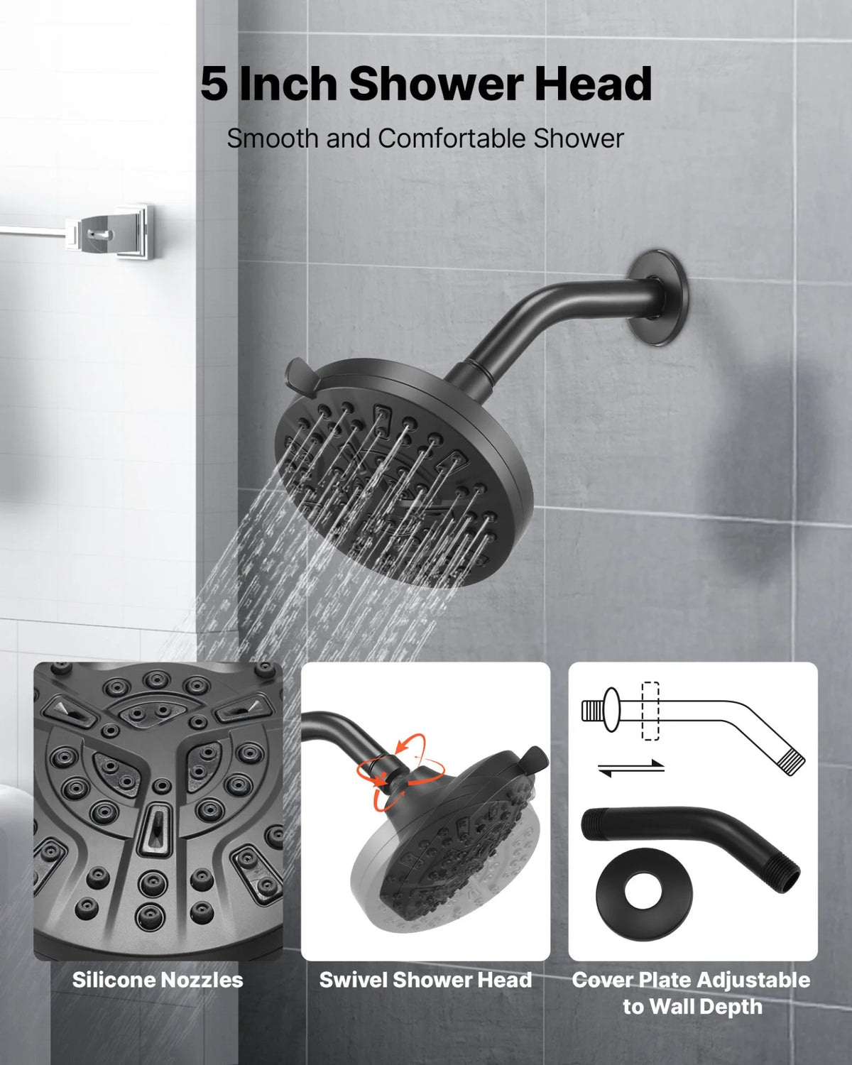VEVOR Tub and Shower Faucet Set, Complete with 5-Inch Rainfall Shower Head and Bathtub Spout, 8-Setting Adjustable Spray, Single-Handle Tub Trim Kit with Brass Pressure Balancing Valve, Matte Black - View 4