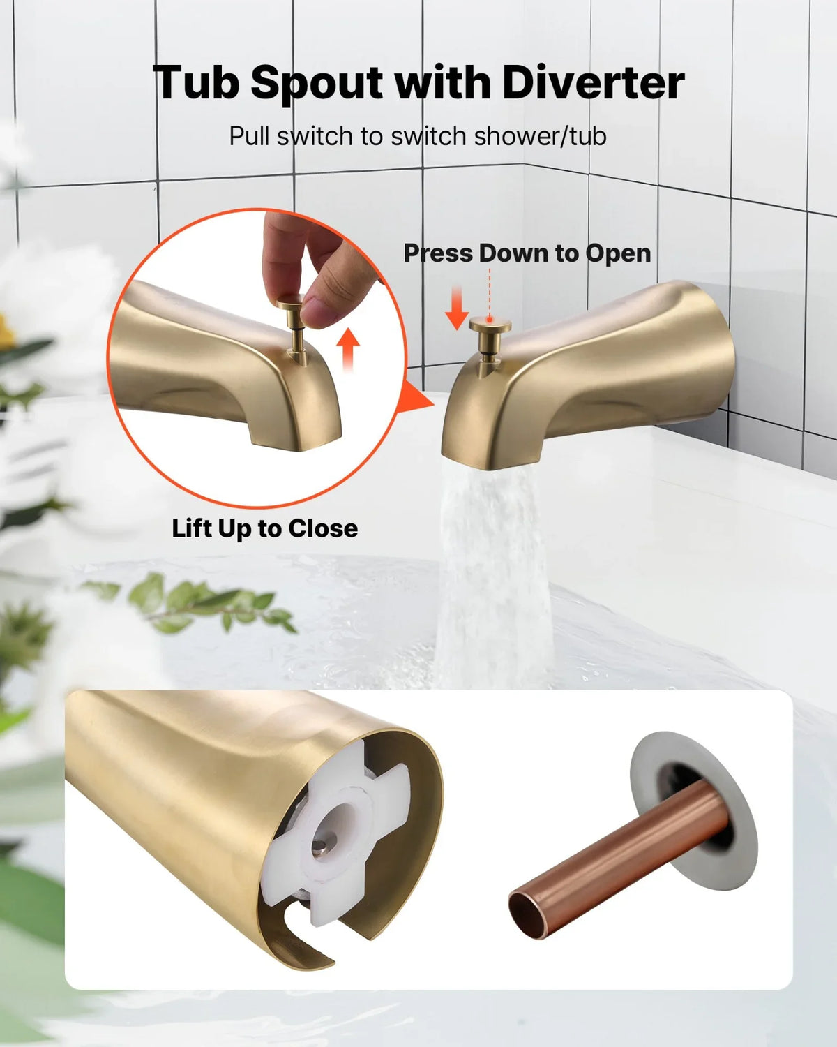 VEVOR Tub and Shower Faucet Set, Complete with 5-Inch Rainfall Shower Head and Bathtub Spout, 8-Setting Adjustable Spray, Single-Handle Tub Trim Kit with Brass Pressure Balancing Valve, Gold Finish - View 5