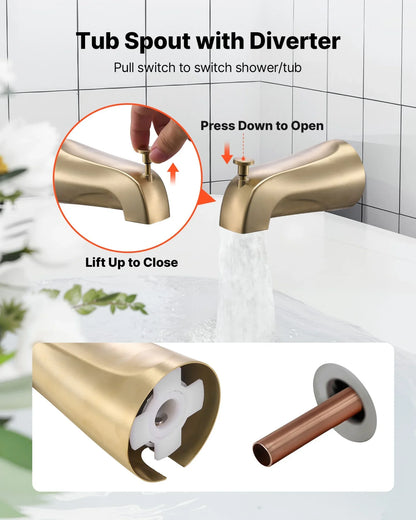 VEVOR Tub and Shower Faucet Set, Complete with 5-Inch Rainfall Shower Head and Bathtub Spout, 8-Setting Adjustable Spray, Single-Handle Tub Trim Kit with Brass Pressure Balancing Valve, Gold Finish - View 5