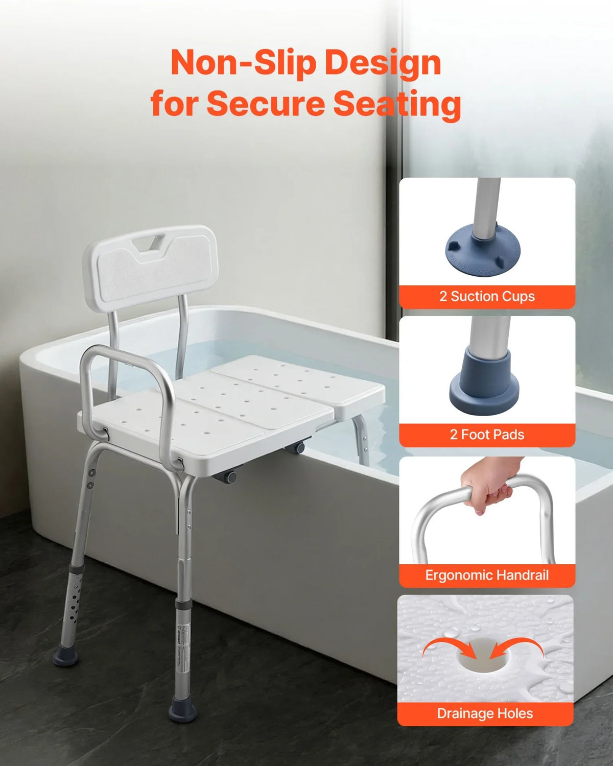VEVOR Tub Transfer Bench for Bathtub, 400 lbs Capacity Heavy Duty Shower Chair with Arm, Backrest and Curtain Slot, Height Adjustable Shower Bench Bath Seat for Adults, Seniors, Elderly and Disabled - View 4