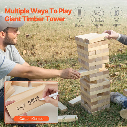 VEVOR Tumbling Timber Toy, 60 Blocks Giant Tumble Tower Blocks Game, Pine Wood Tumbling Tower Game with Storage Crate and Scoreboard, Wooden Stacking Game, Tumble Tower Family Games for Indoor/Outdoor - View 2
