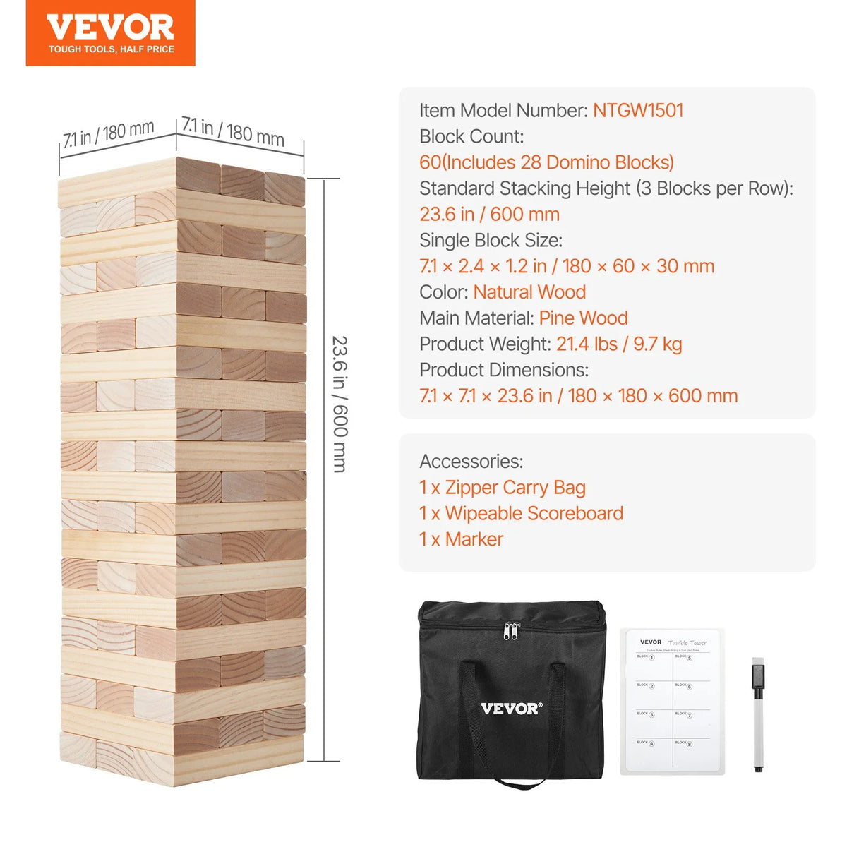 VEVOR Tumbling Timber Toy, 60 Blocks Giant Tumble Tower Blocks Game, Pine Wood Tumbling Tower Game with Carry Bag and Scoreboard, Wooden Stacking Game, Tumble Tower Family Games for Indoor/Outdoor - View 7