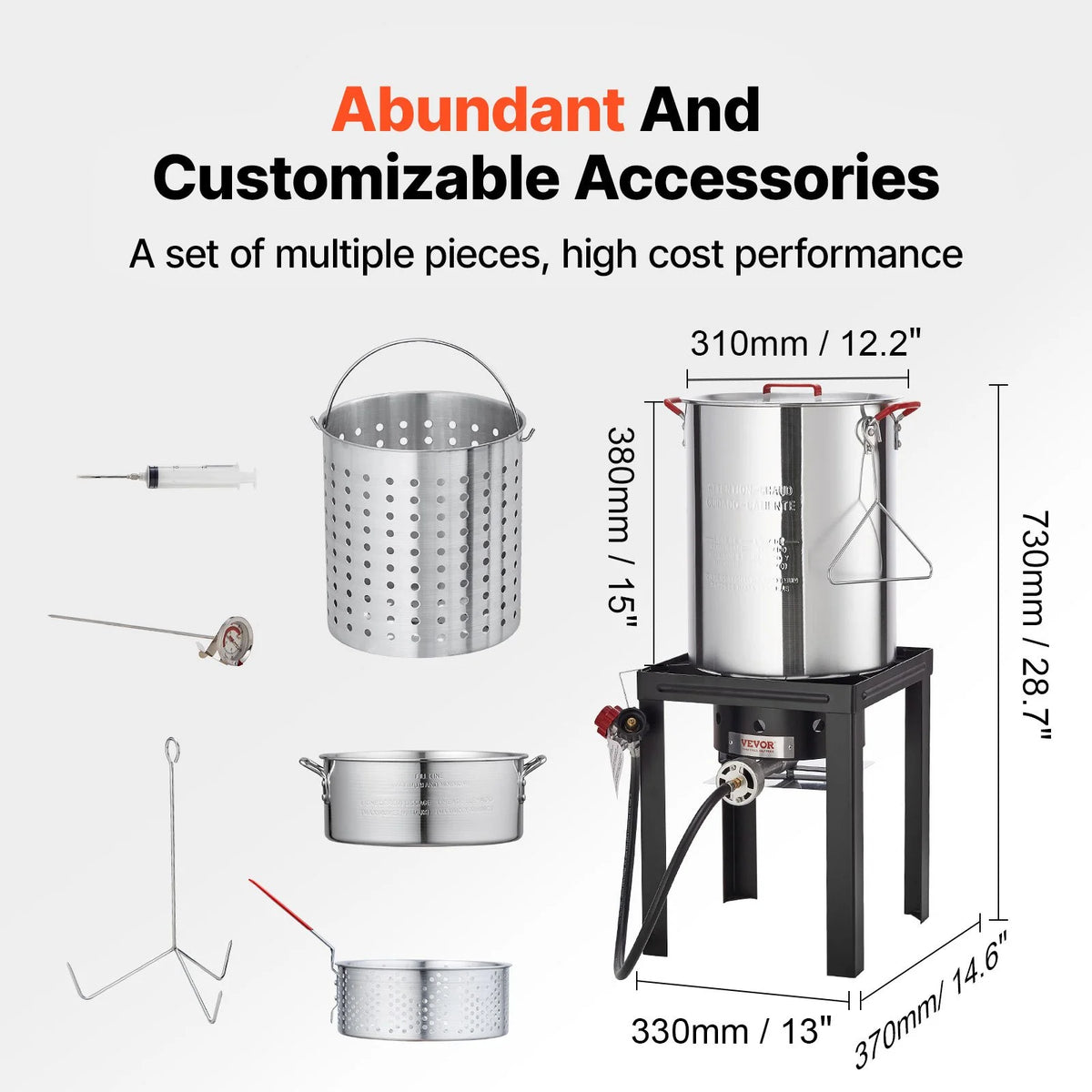 VEVOR Turkey Deep Fryer, 30-qt Turkey & 10-qt Fish Steamer Cooker Set, Outdoor Aluminum Seafood Frying Pot, 54,000 BTU Burner Propane Gas Boiler, Includes Baskets, Perforated Poultry Rack, Thermometer - View 10