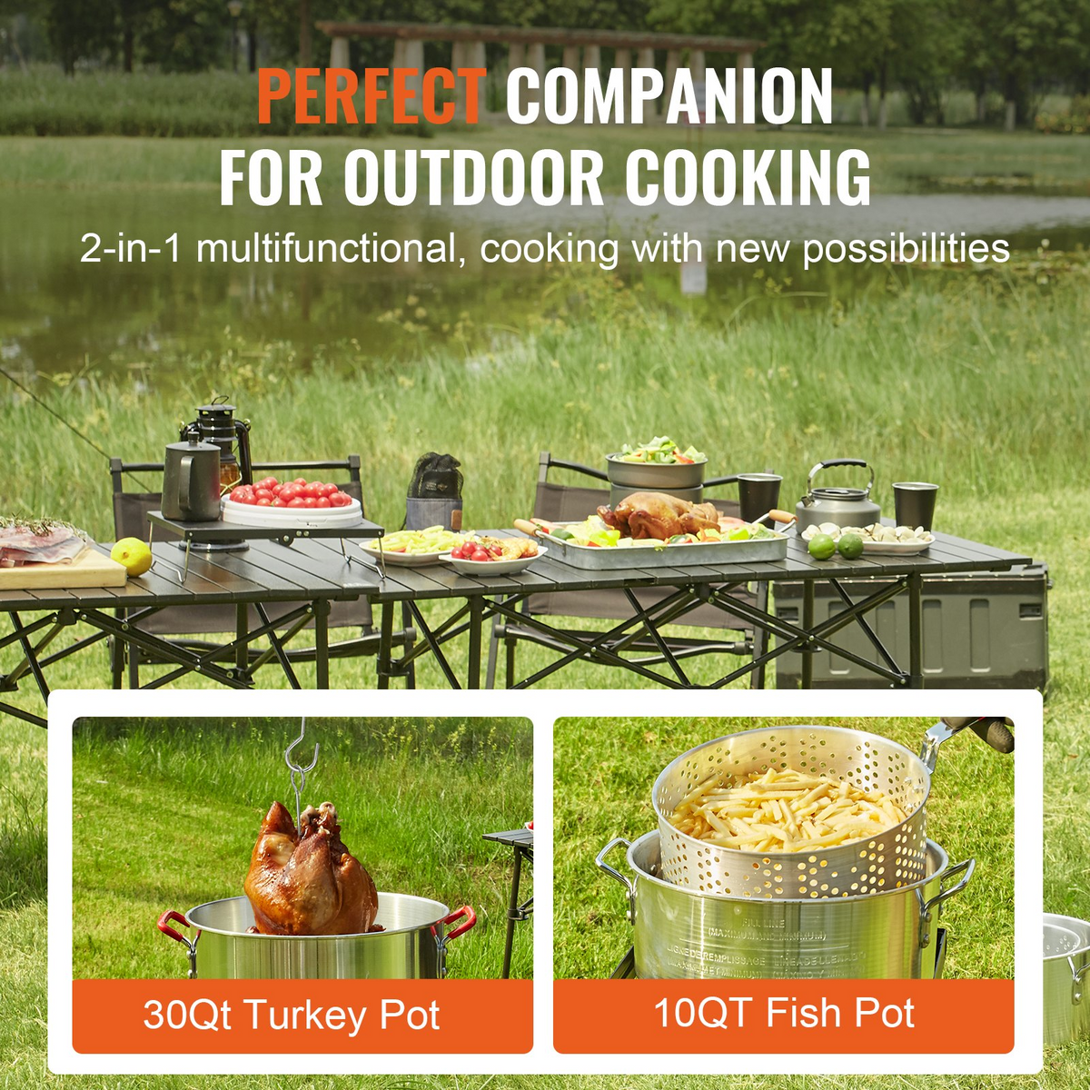 VEVOR Turkey Deep Fryer, 30-qt Turkey & 10-qt Fish Steamer Cooker Set, Outdoor Aluminum Seafood Frying Pot, 54,000 BTU Burner Propane Gas Boiler, Includes Baskets, Perforated Poultry Rack, Thermometer - View 5
