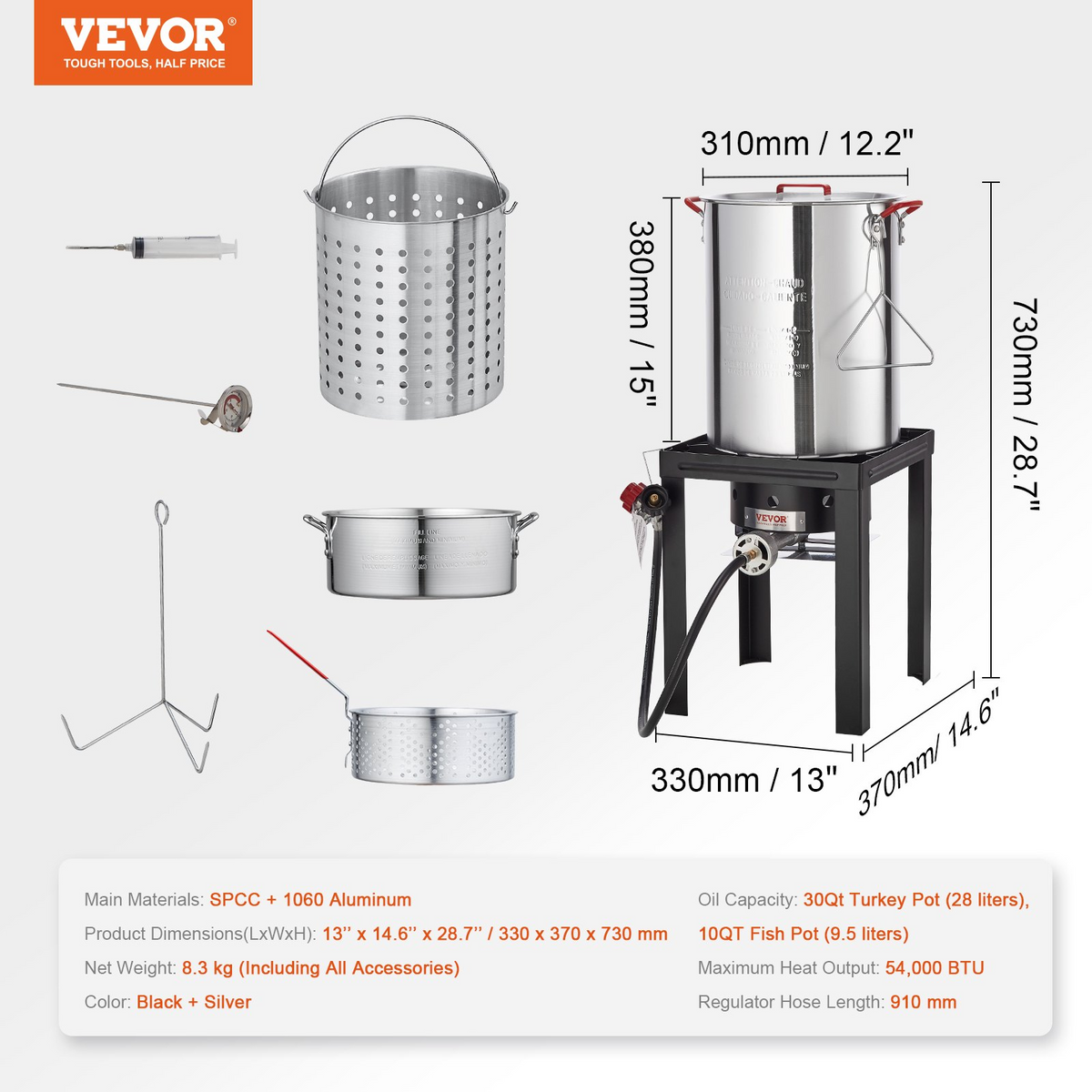 VEVOR Turkey Deep Fryer, 30-qt Turkey & 10-qt Fish Steamer Cooker Set, Outdoor Aluminum Seafood Frying Pot, 54,000 BTU Burner Propane Gas Boiler, Includes Baskets, Perforated Poultry Rack, Thermometer - View 6