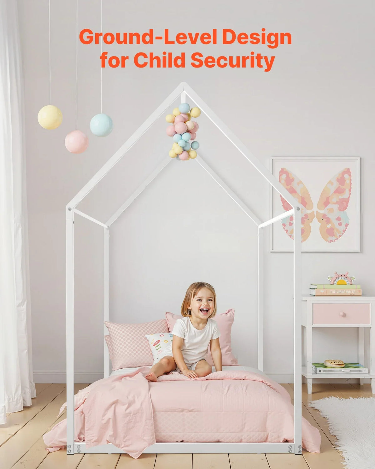 VEVOR Twin Size House Bed Frame, Metal Kids Floor Bed Frame with Roof, Heavy Duty Steel Slats Support, House Shape Bedframe for Girls and Boys, No Box Spring Needed, Easy Assembly, White - View 5