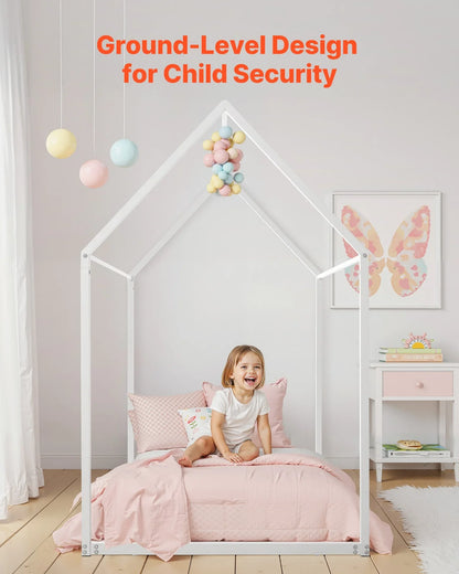 VEVOR Twin Size House Bed Frame, Metal Kids Floor Bed Frame with Roof, Heavy Duty Steel Slats Support, House Shape Bedframe for Girls and Boys, No Box Spring Needed, Easy Assembly, White - View 5