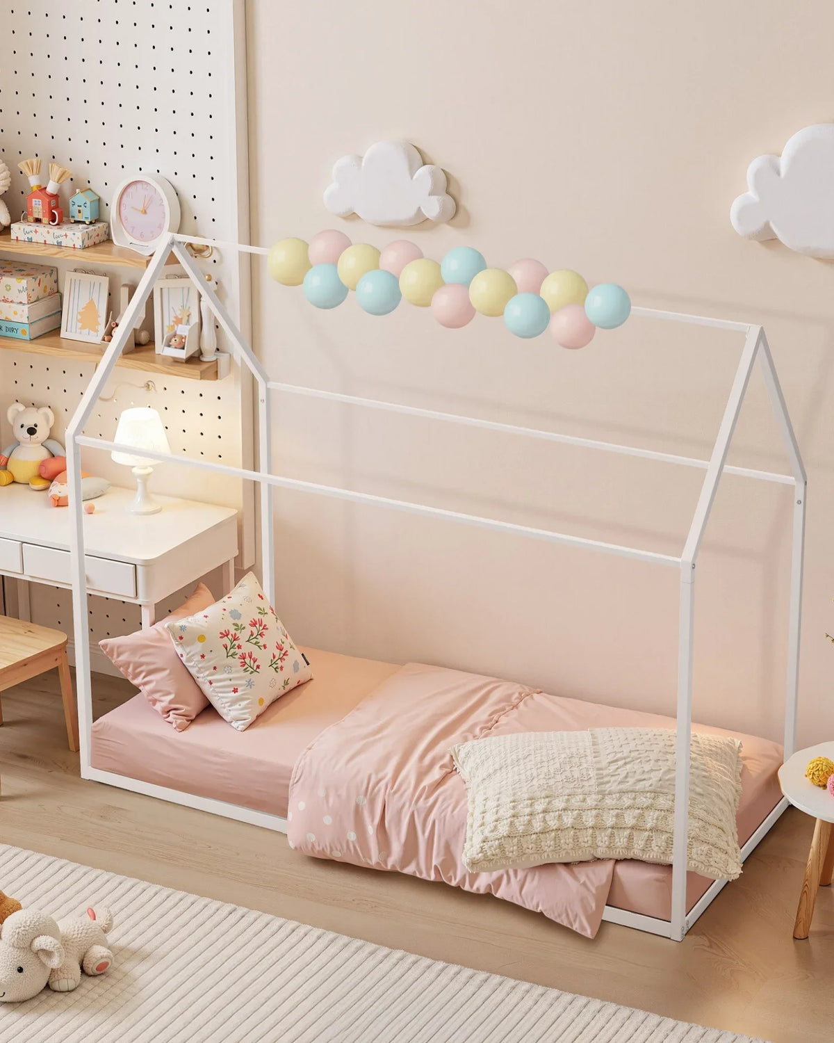 VEVOR Twin Size House Bed Frame, Metal Kids Floor Bed Frame with Roof, Heavy Duty Steel Slats Support, House Shape Bedframe for Girls and Boys, No Box Spring Needed, Easy Assembly, White - View 6