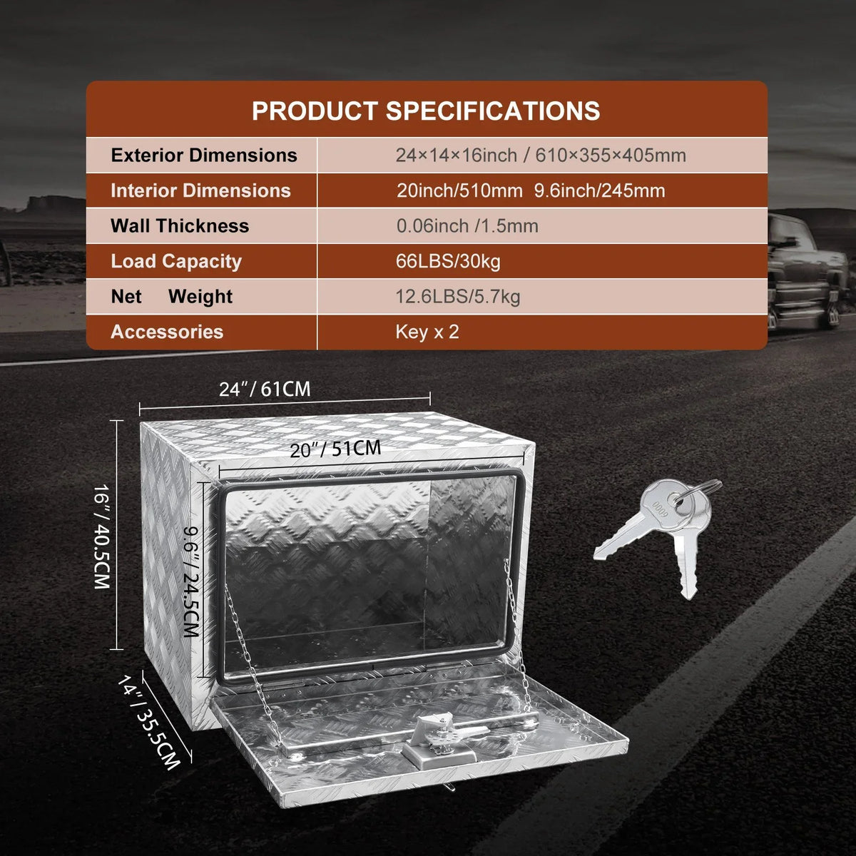 VEVOR Underbody Truck Box, 24"×14"×16" Pickup Storage Box, Heavy Duty Aluminum Diamond Plate Tool Box with Lock and Keys, Waterproof Trailer Storage Box with T-Handle Latch for Truck, Van, Trailer - View 7