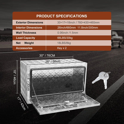 VEVOR Underbody Truck Box, 30"×17"×18" Pickup Storage Box, Heavy Duty Aluminum Diamond Plate Tool Box with Lock and Keys, Waterproof Trailer Storage Box with T-Handle Latch for Truck, Van, Trailer - View 7