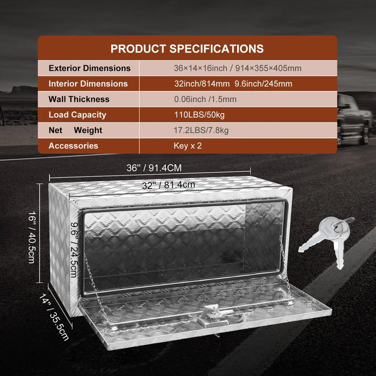 VEVOR Underbody Truck Box, 36"×14"×16" Pickup Storage Box, Heavy Duty Aluminum Diamond Plate Tool Box with Lock and Keys, Waterproof Trailer Storage Box with T-Handle Latch for Truck, Van, Trailer - View 8