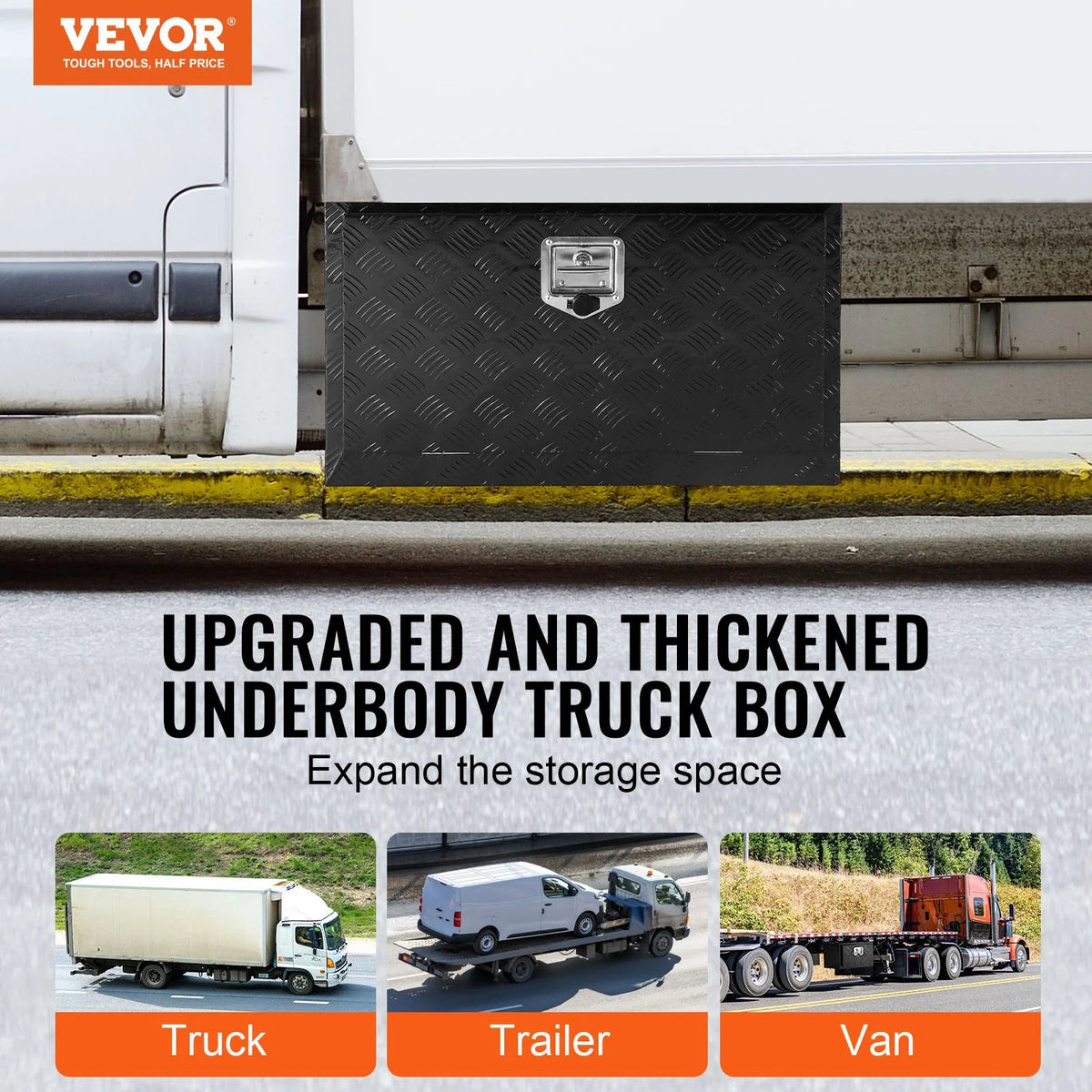 VEVOR Underbody Truck Box, 36" x 14" x 16" Pickup Storage Box, Heavy Duty Aluminum Diamond Plate Tool Box with Lock and Keys, Waterproof Trailer Storage Box with T-Handle Latch for Truck, Van, Trailer