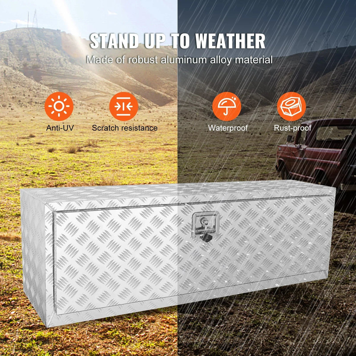 VEVOR Underbody Truck Box, 48"×17"×18" Pickup Storage Box, Heavy Duty Aluminum Diamond Plate Tool Box with Lock and Keys, Waterproof Trailer Storage Box with T-Handle Latch for Truck, Van, Trailer - View 4