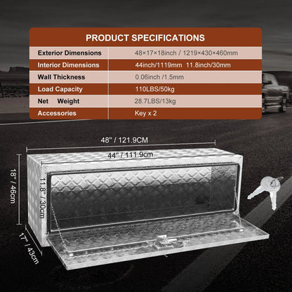 VEVOR Underbody Truck Box, 48"×17"×18" Pickup Storage Box, Heavy Duty Aluminum Diamond Plate Tool Box with Lock and Keys, Waterproof Trailer Storage Box with T-Handle Latch for Truck, Van, Trailer - View 7